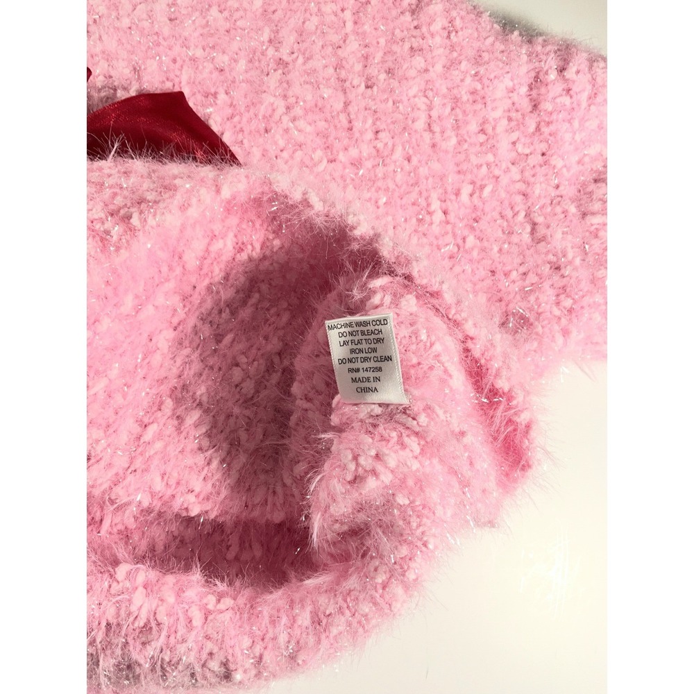 Simply Southern Aurora Pink Fuzzy Knit Sweater Red Bow Cropped XL NEW - Picture 8 of 8